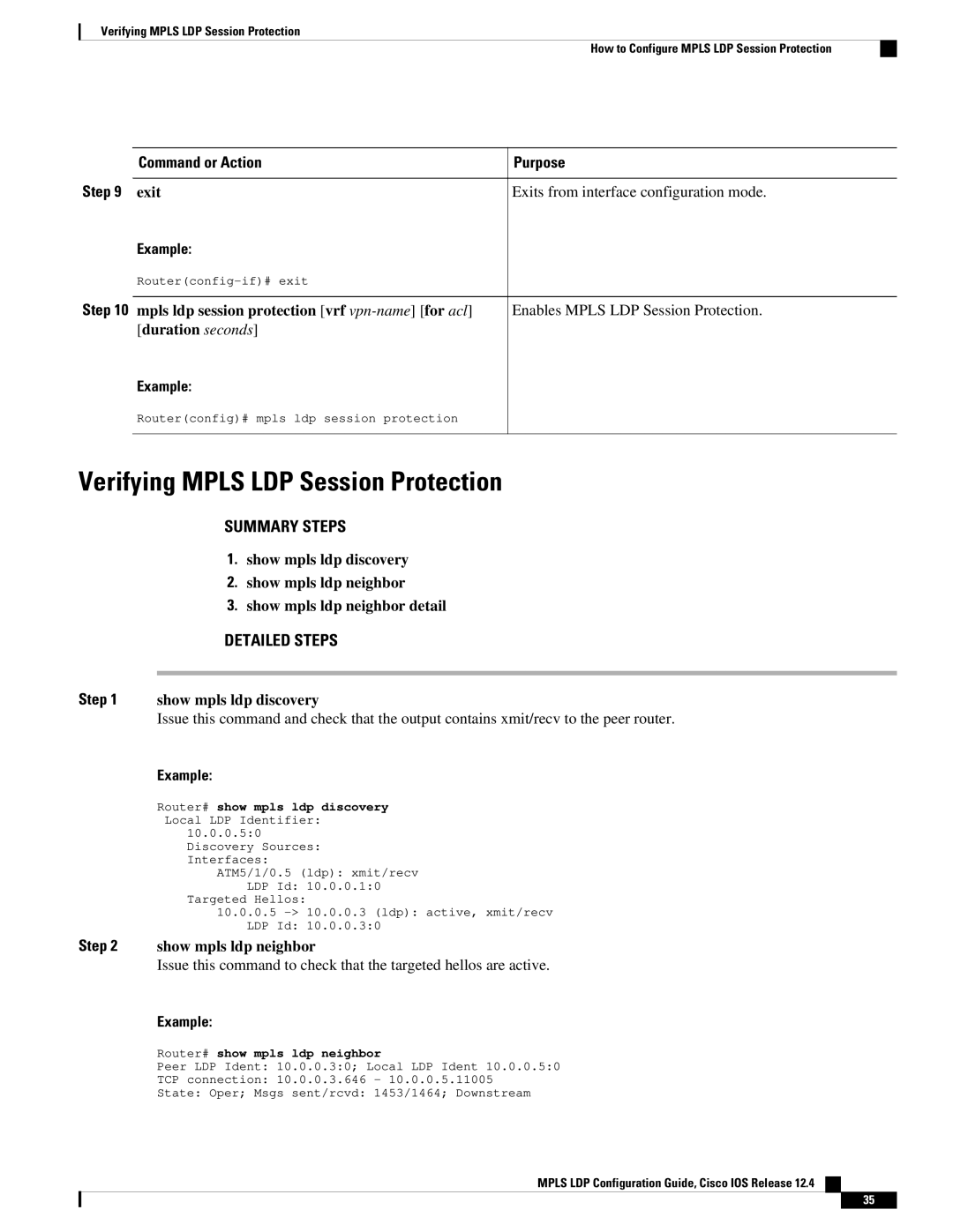 Cisco Systems 12.4 manual Verifying Mpls LDP Session Protection, Step 