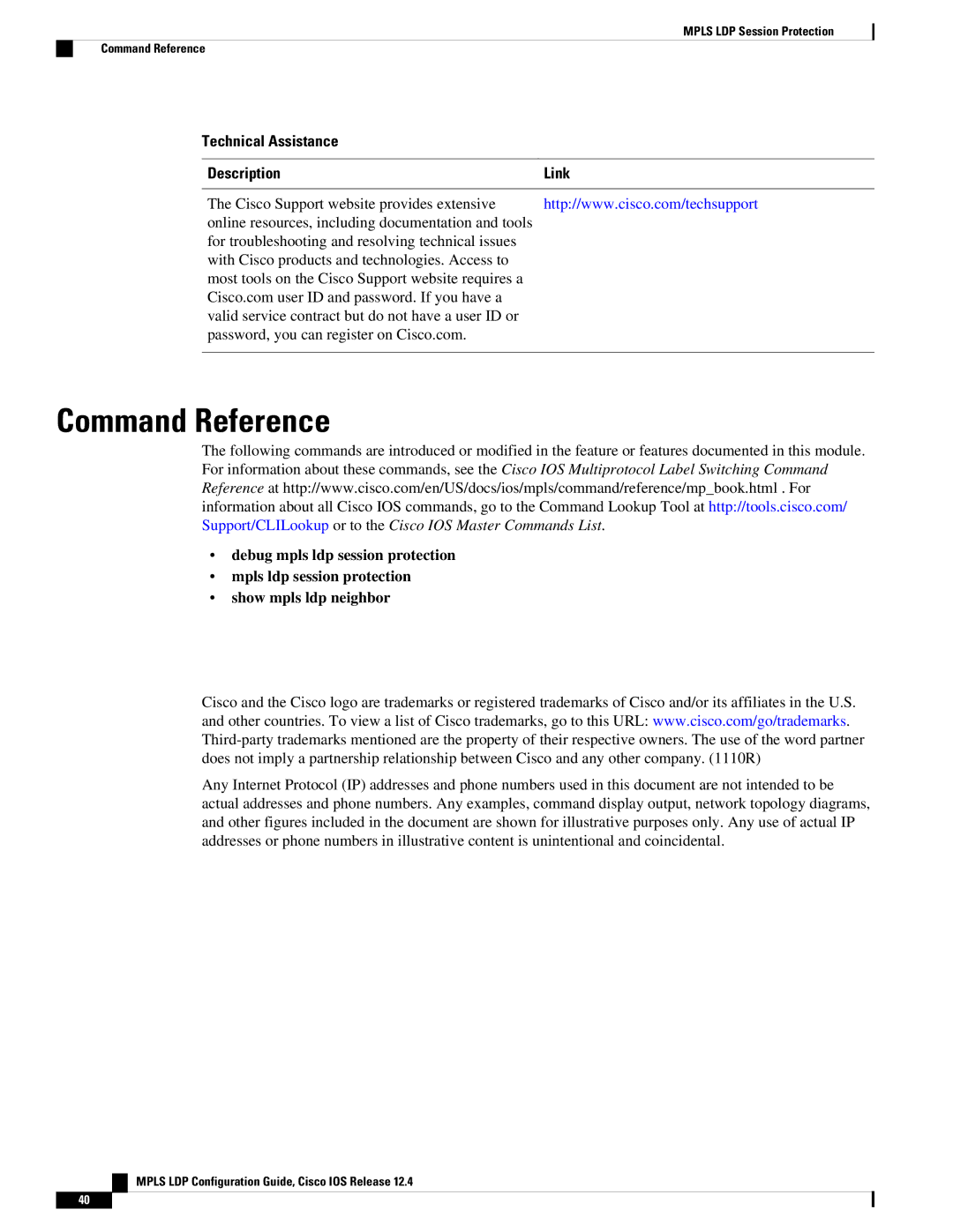 Cisco Systems 12.4 manual Command Reference, Technical Assistance Description Link 