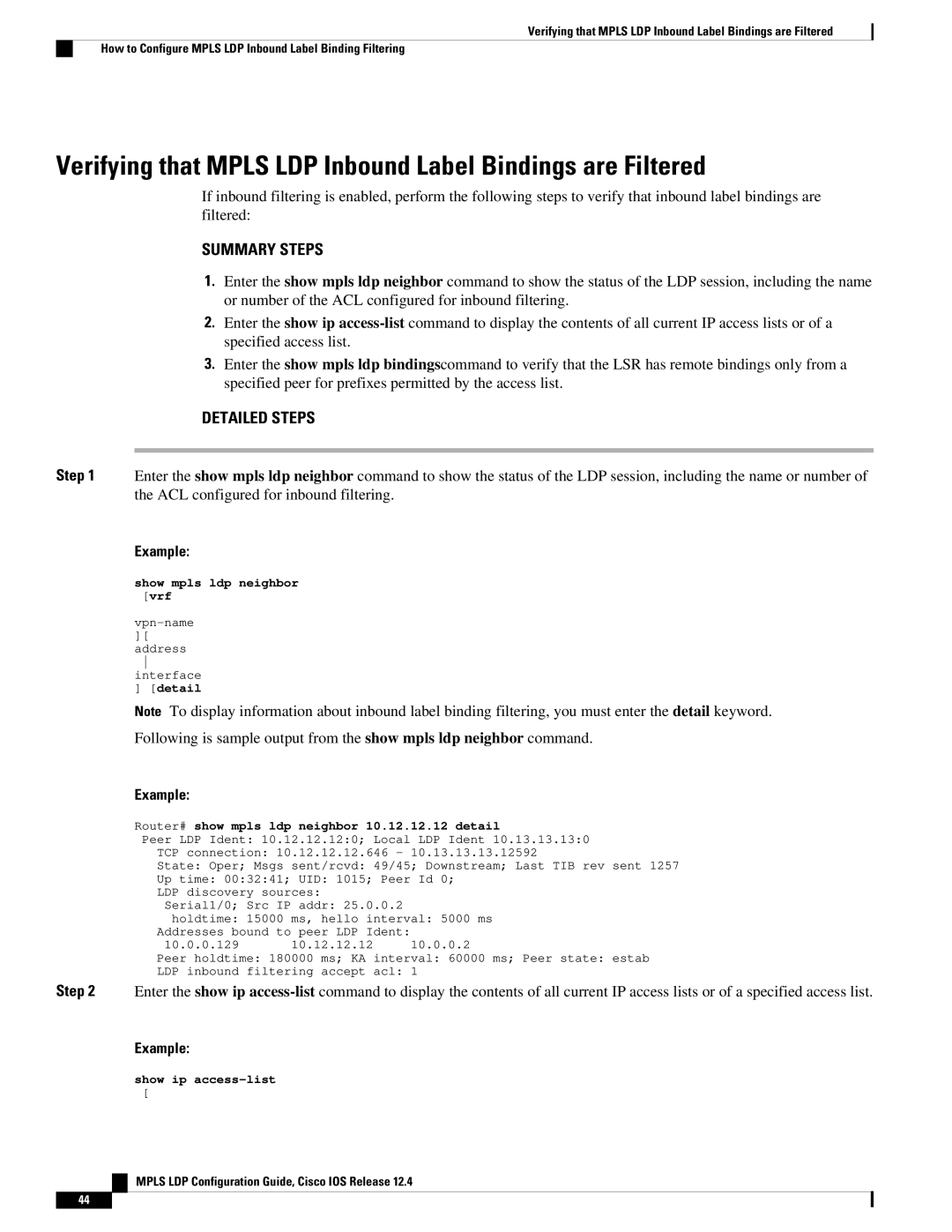 Cisco Systems 12.4 manual Verifying that Mpls LDP Inbound Label Bindings are Filtered 