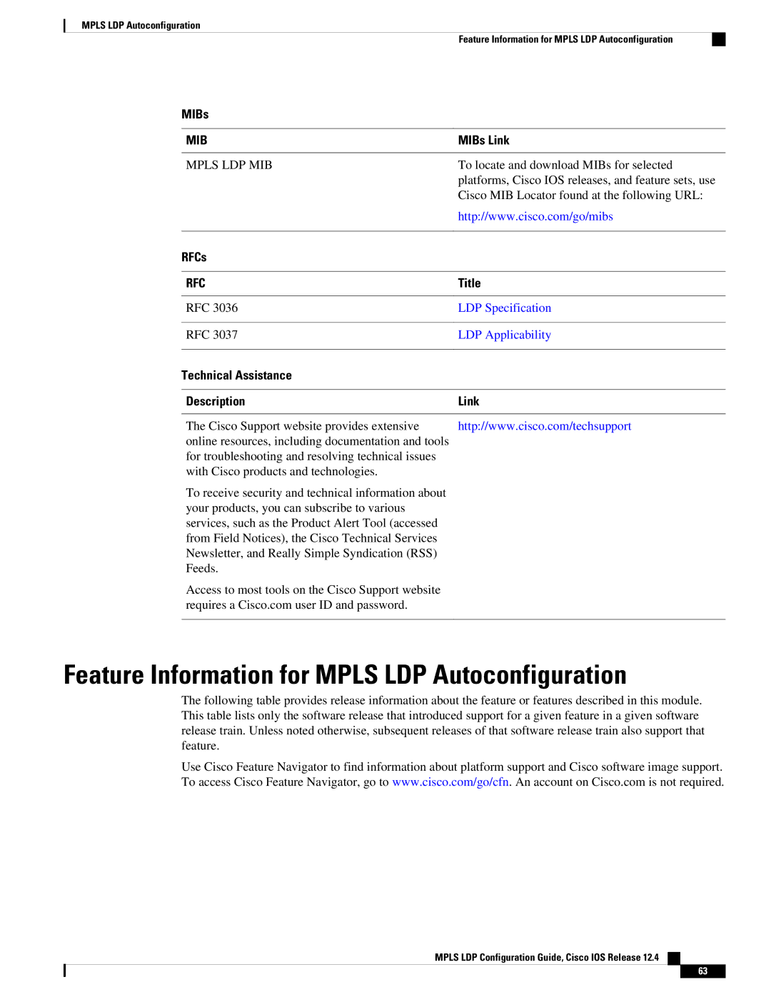 Cisco Systems 12.4 manual Feature Information for Mpls LDP Autoconfiguration, MIBs 