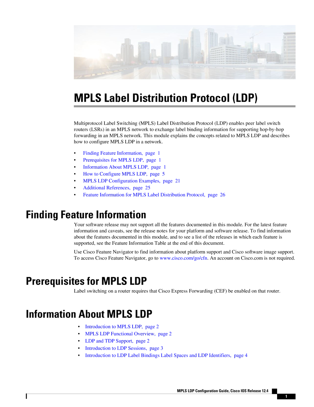 Cisco Systems 12.4 manual Finding Feature Information, Prerequisites for Mpls LDP, Information About Mpls LDP 