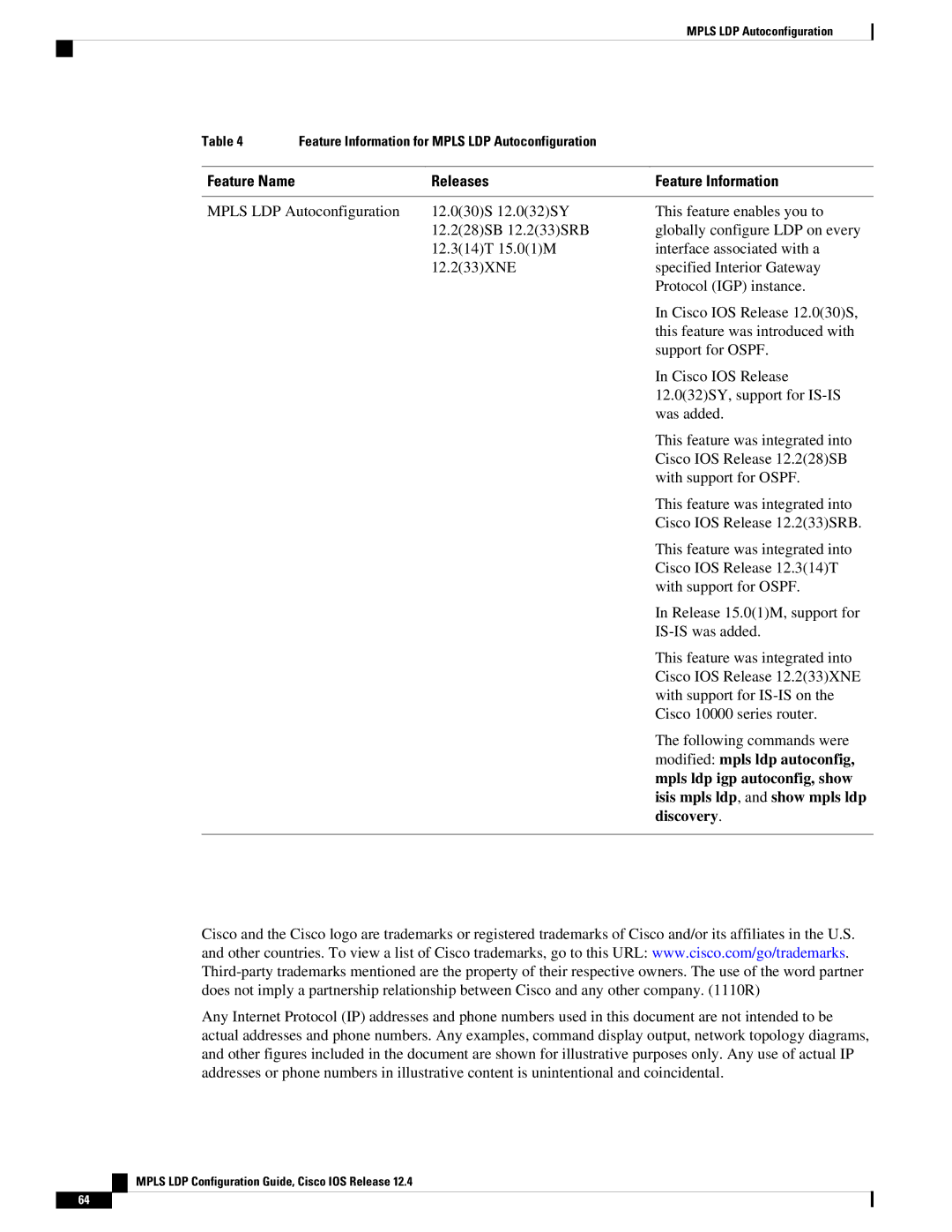 Cisco Systems 12.4 manual Feature Information for Mpls LDP Autoconfiguration 