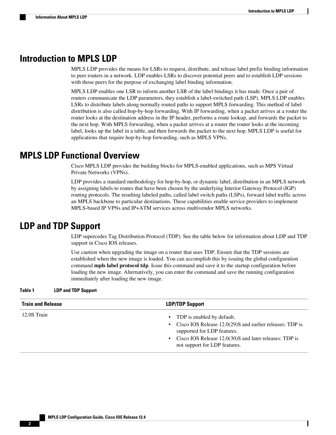 Cisco Systems 12.4 manual Introduction to Mpls LDP, Mpls LDP Functional Overview, LDP and TDP Support, Train and Release 