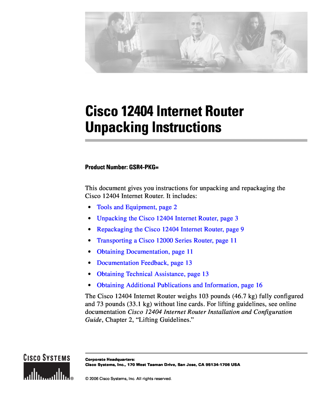 Cisco Systems manual Cisco 12404 Internet Router Unpacking Instructions, Product Number GSR4-PKG= 