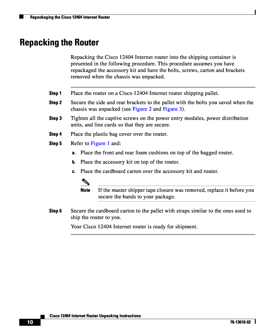 Cisco Systems 12404 manual Repacking the Router 