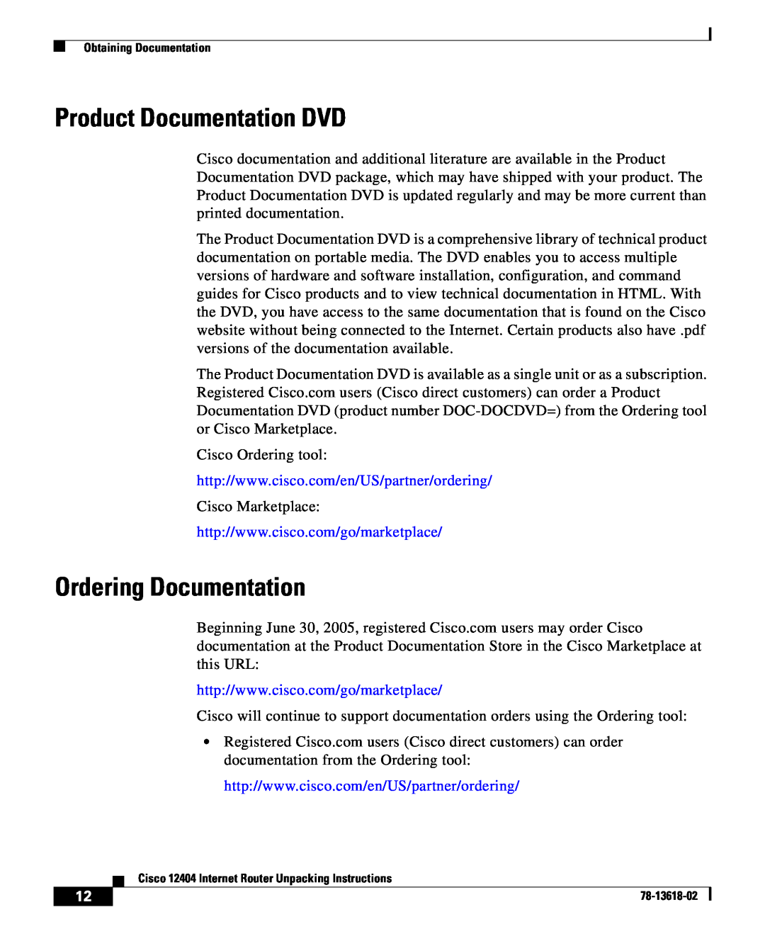 Cisco Systems 12404 manual Product Documentation DVD, Ordering Documentation 