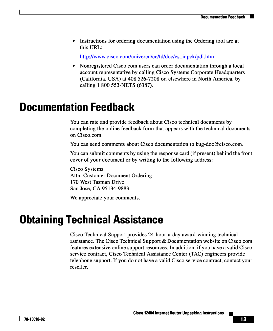 Cisco Systems 12404 manual Documentation Feedback, Obtaining Technical Assistance 