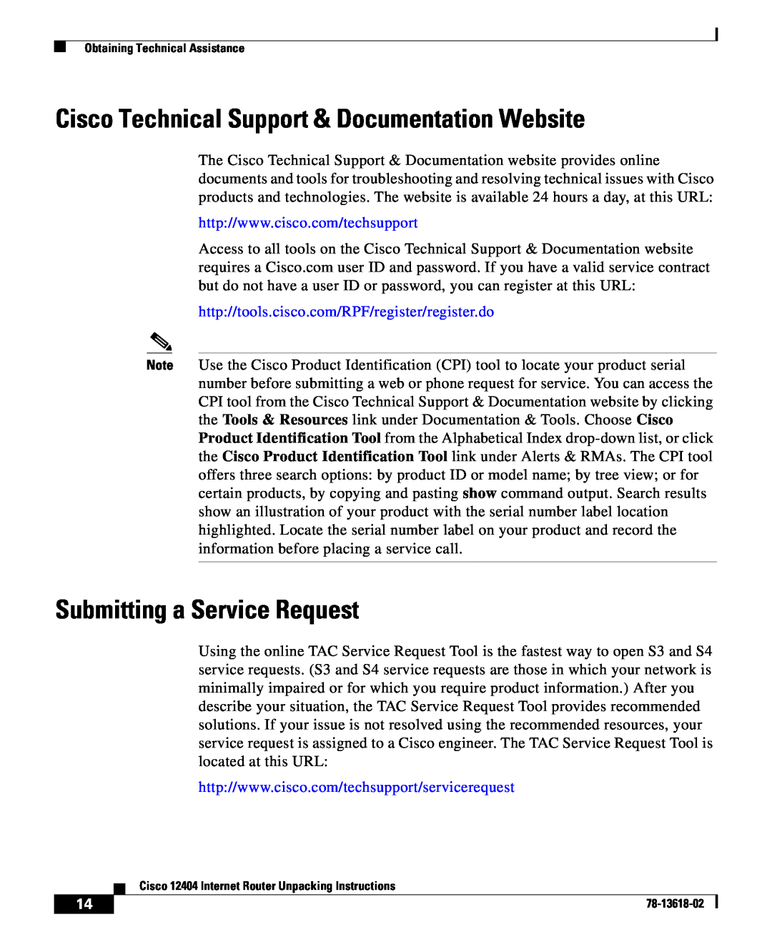 Cisco Systems 12404 manual Cisco Technical Support & Documentation Website, Submitting a Service Request 