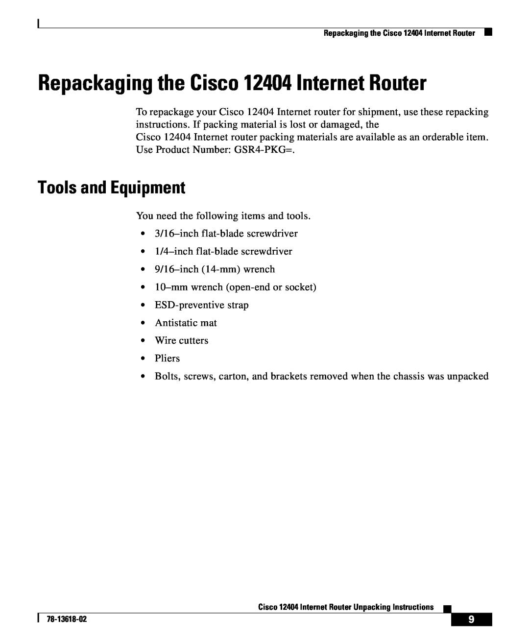 Cisco Systems manual Repackaging the Cisco 12404 Internet Router, Tools and Equipment 