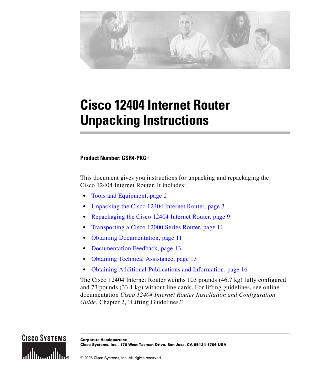 Cisco Systems manual Cisco 12404 Internet Router Unpacking Instructions 