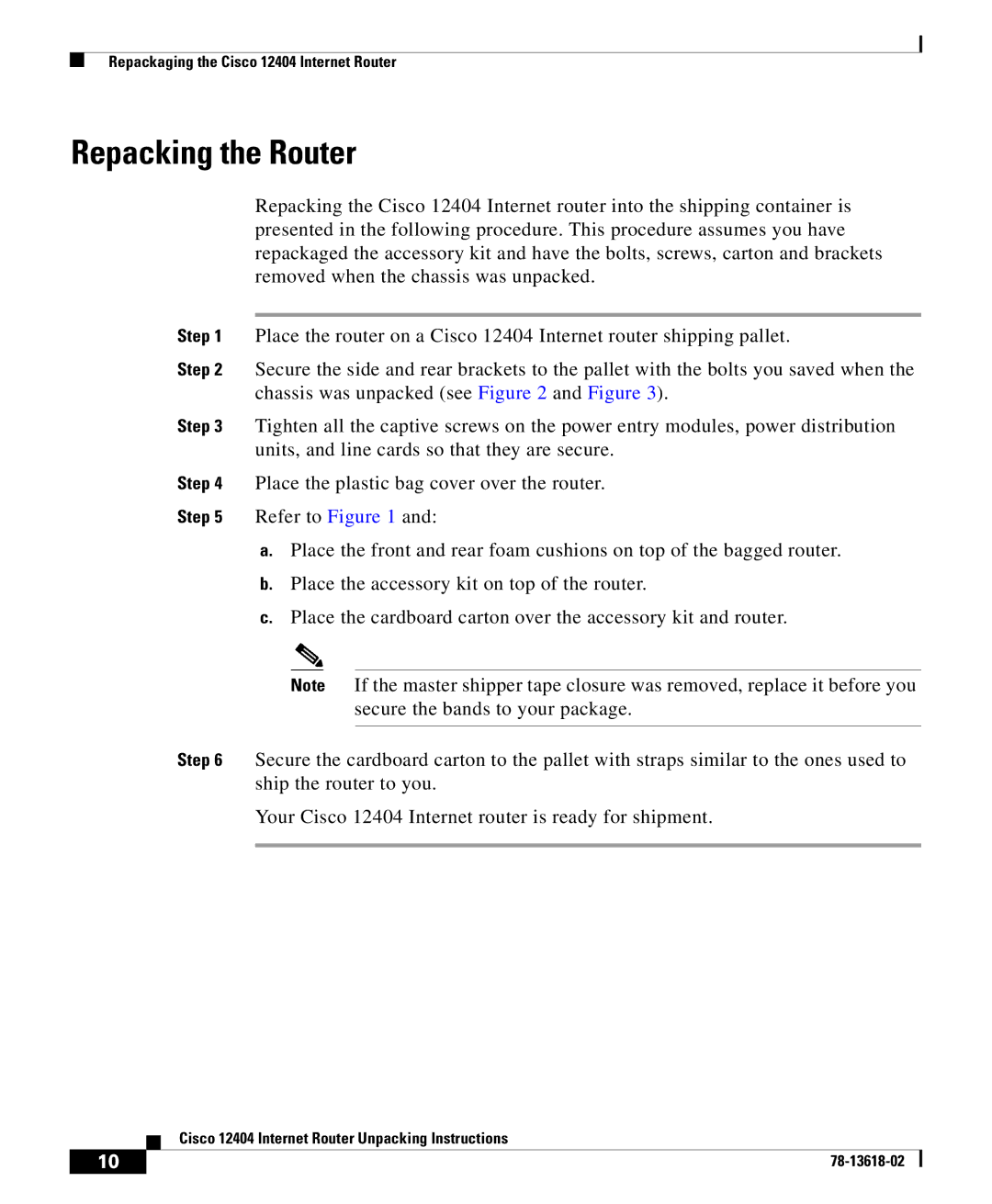 Cisco Systems 12404 manual Repacking the Router 