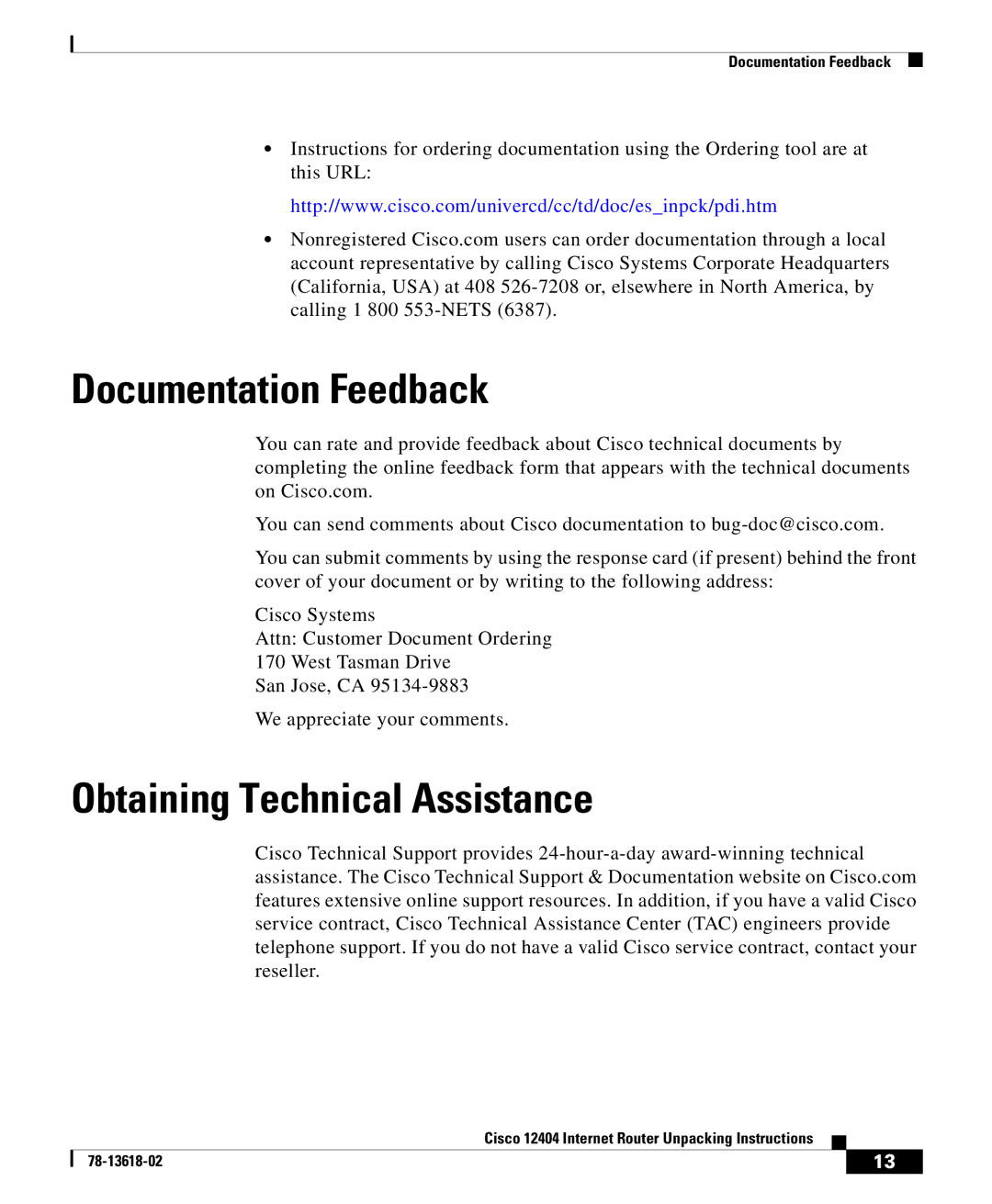 Cisco Systems 12404 manual Documentation Feedback, Obtaining Technical Assistance 