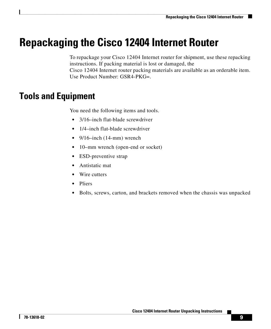 Cisco Systems manual Repackaging the Cisco 12404 Internet Router, Tools and Equipment 