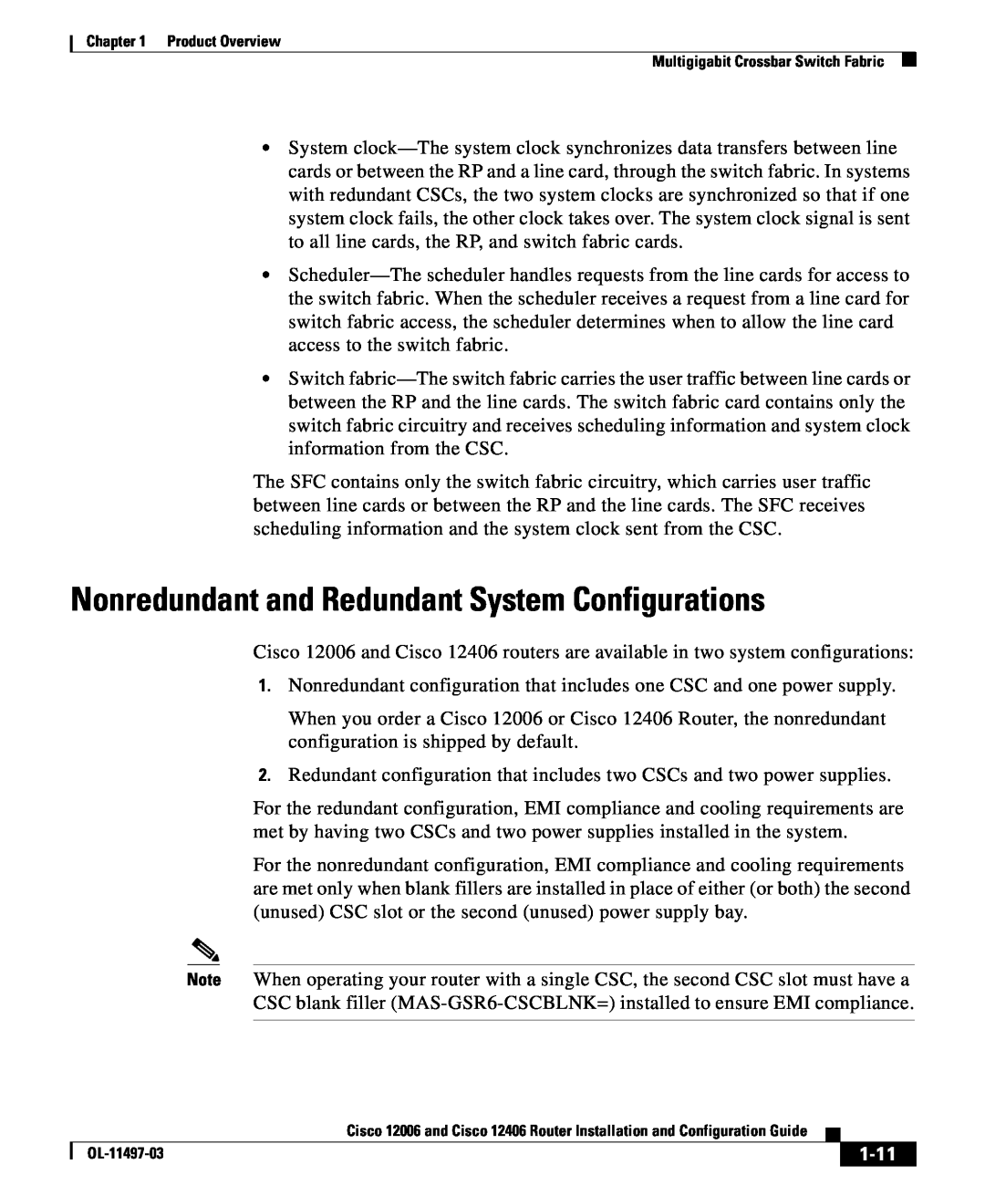 Cisco Systems 12006 series, 12406 series manual Nonredundant and Redundant System Configurations, 1-11, OL-11497-03 