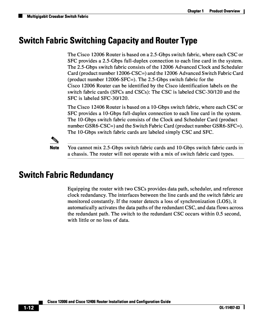 Cisco Systems 12406 series, 12006 series Switch Fabric Switching Capacity and Router Type, Switch Fabric Redundancy, 1-12 