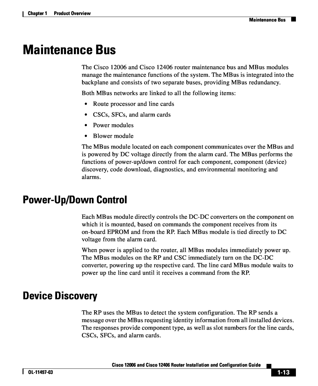 Cisco Systems 12006 series, 12406 series manual Maintenance Bus, Power-Up/Down Control, Device Discovery, 1-13 