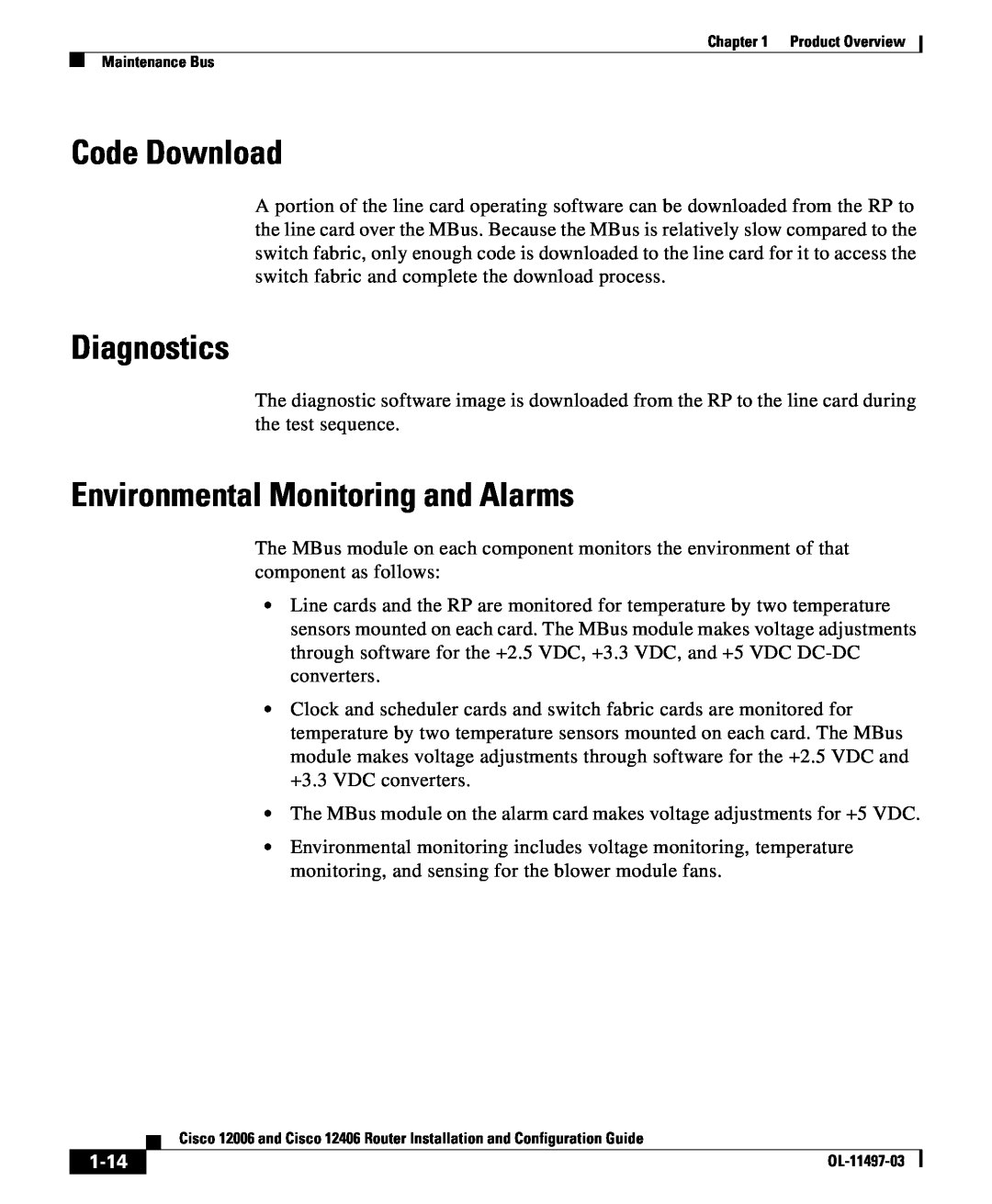 Cisco Systems 12406 series, 12006 series manual Code Download, Diagnostics, Environmental Monitoring and Alarms, 1-14 