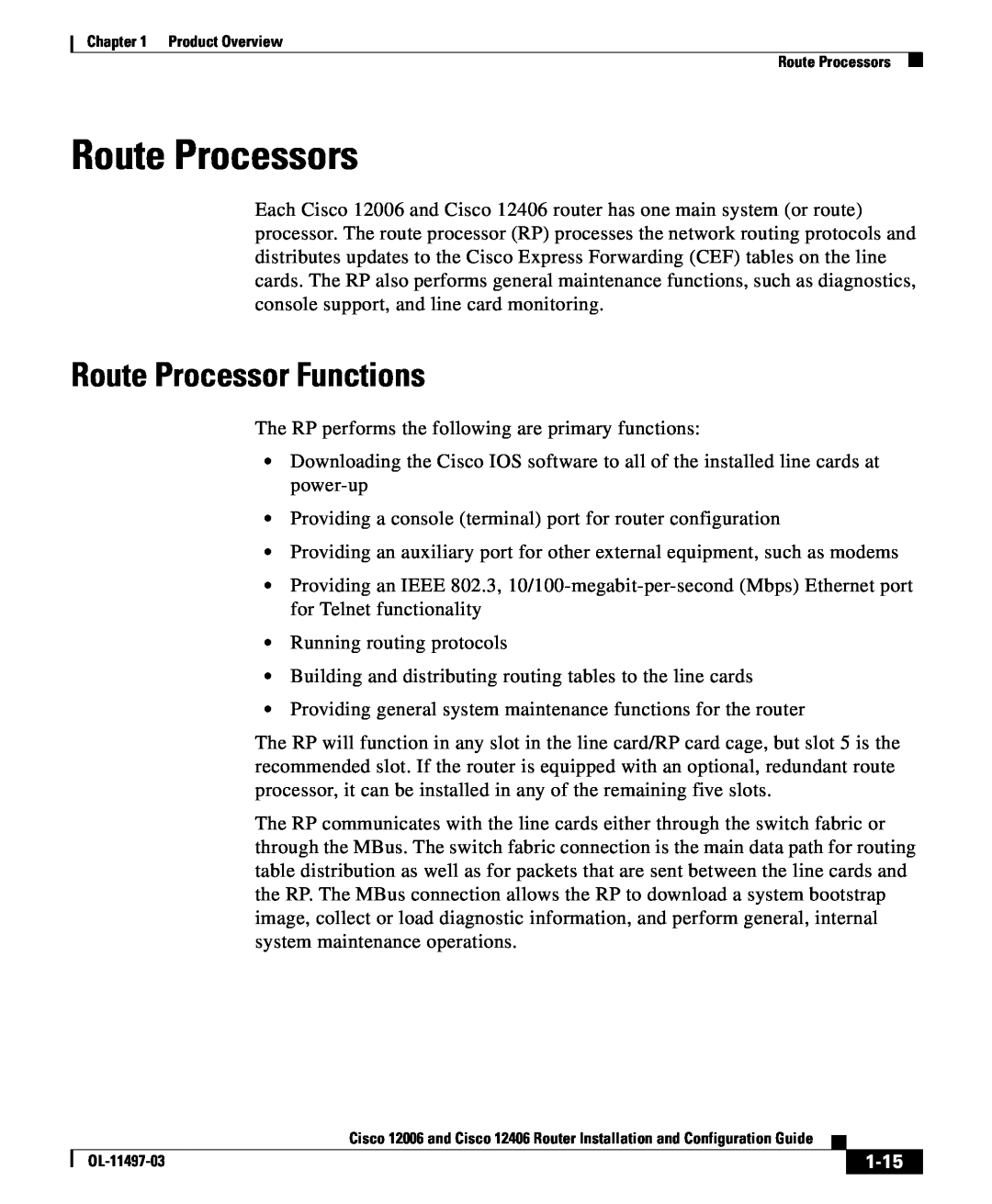 Cisco Systems 12006 series, 12406 series manual Route Processors, Route Processor Functions, 1-15 
