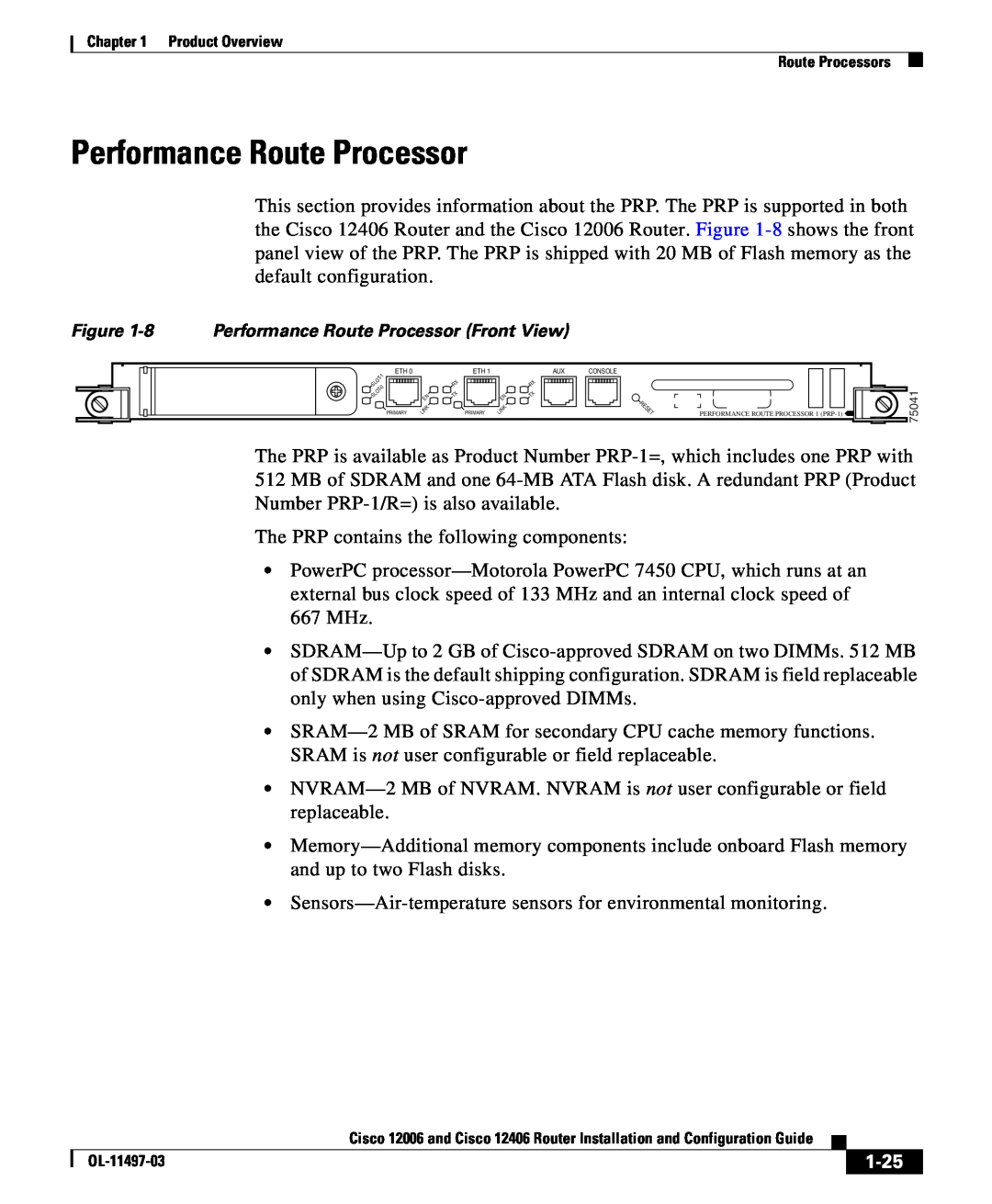 Cisco Systems 12006 series, 12406 series manual 1-25, 8 Performance Route Processor Front View 
