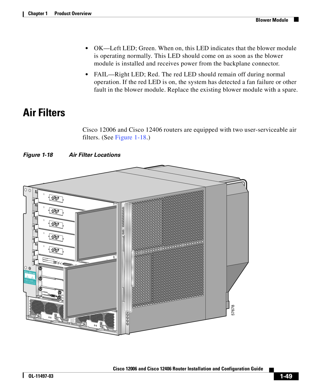 Cisco Systems 12006 series, 12406 series manual Air Filters, 1-49, 18 Air Filter Locations 