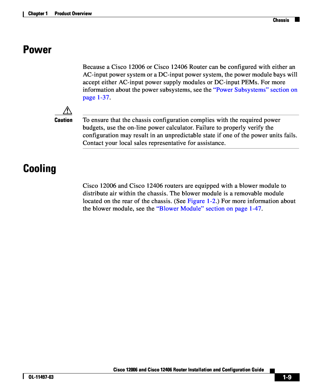 Cisco Systems 12006 series, 12406 series manual Power, Cooling 