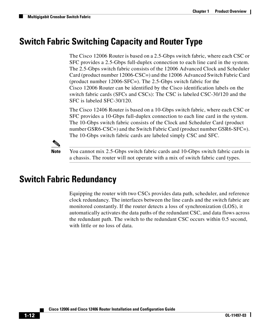 Cisco Systems 12406 series, 12006 series manual Switch Fabric Switching Capacity and Router Type, Switch Fabric Redundancy 