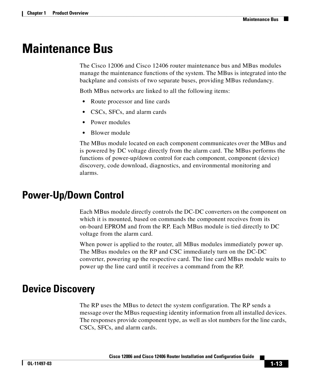 Cisco Systems 12006 series, 12406 series manual Maintenance Bus, Power-Up/Down Control, Device Discovery 