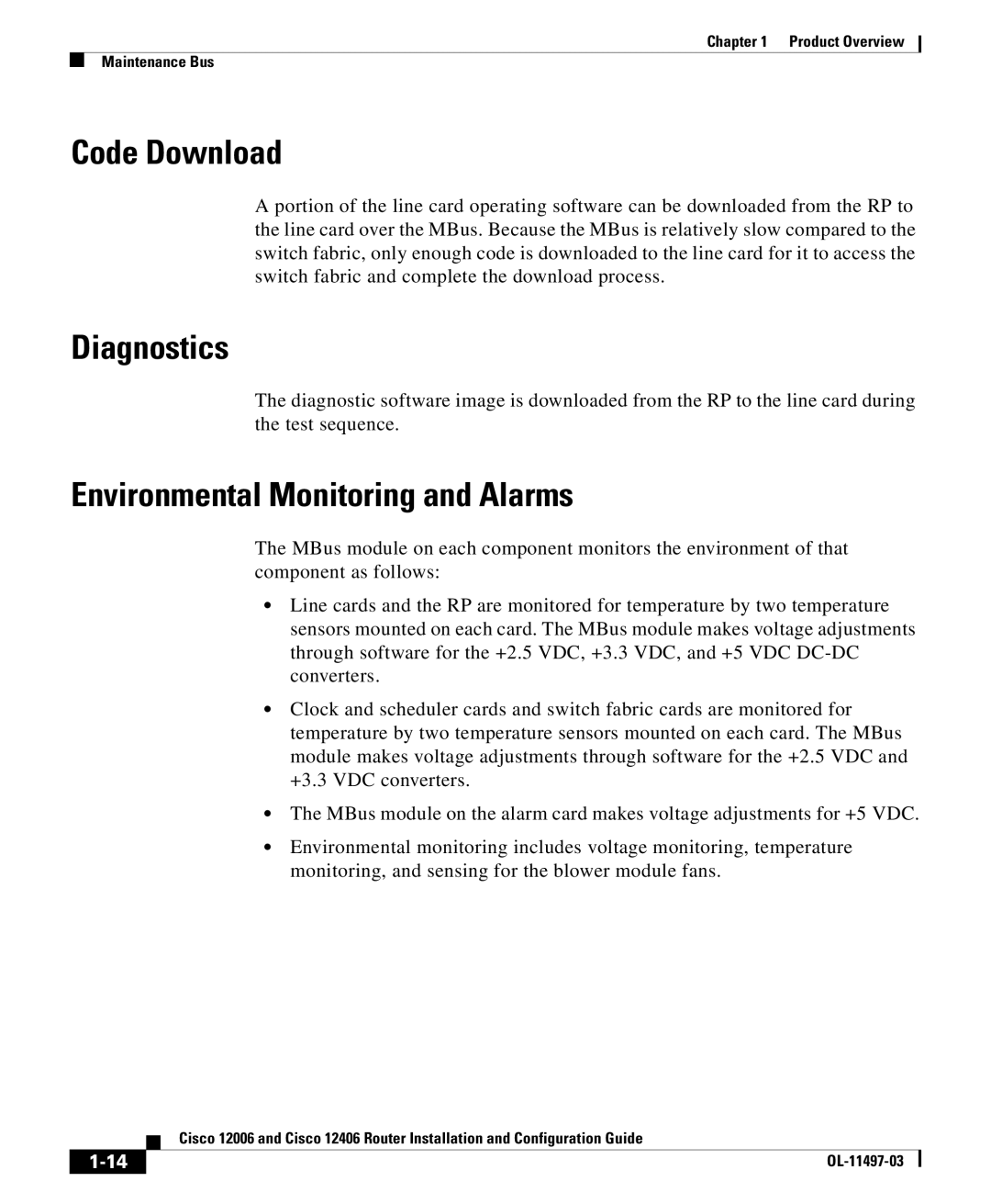 Cisco Systems 12406 series, 12006 series manual Code Download, Diagnostics, Environmental Monitoring and Alarms 