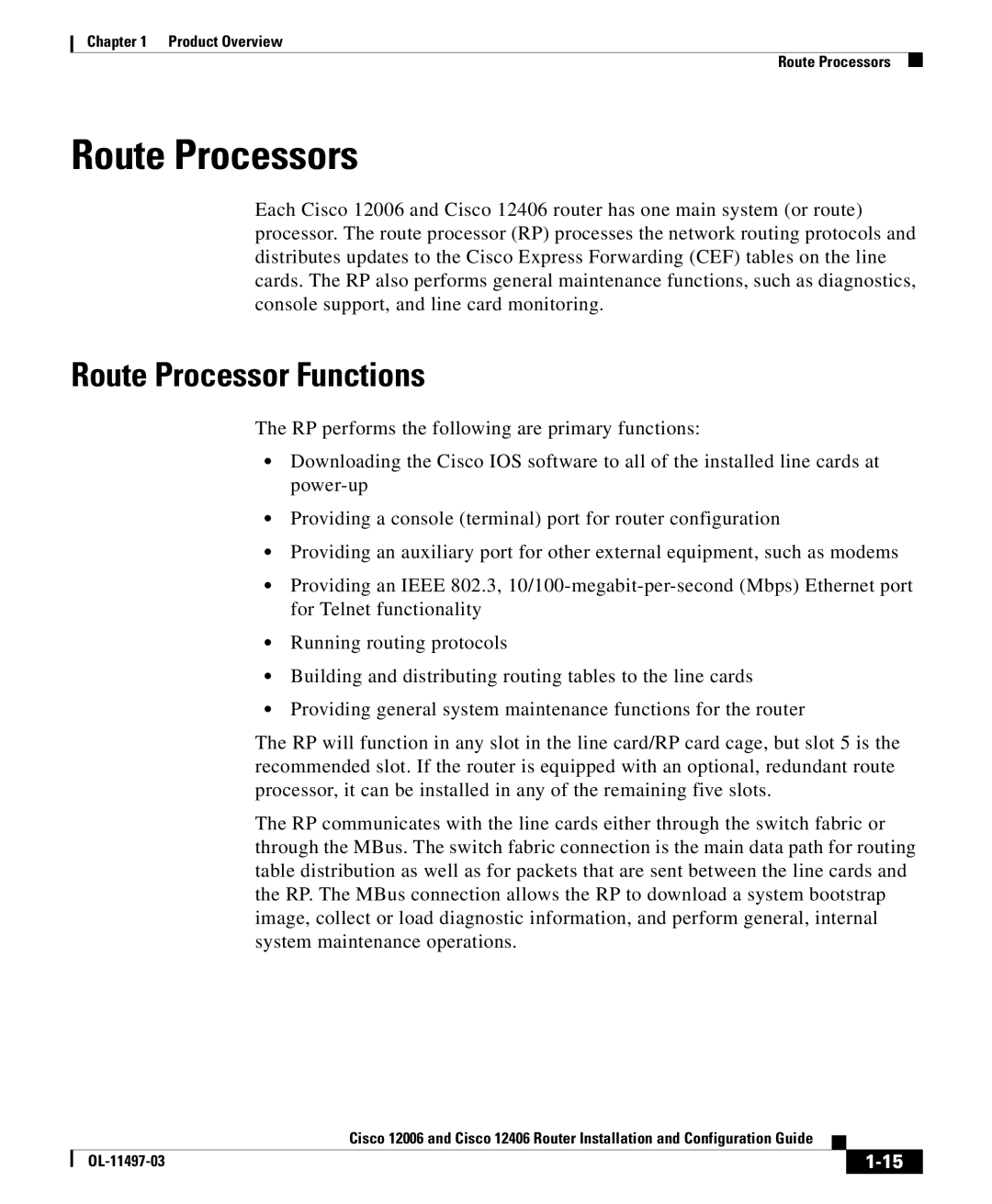 Cisco Systems 12006 series, 12406 series manual Route Processors, Route Processor Functions 