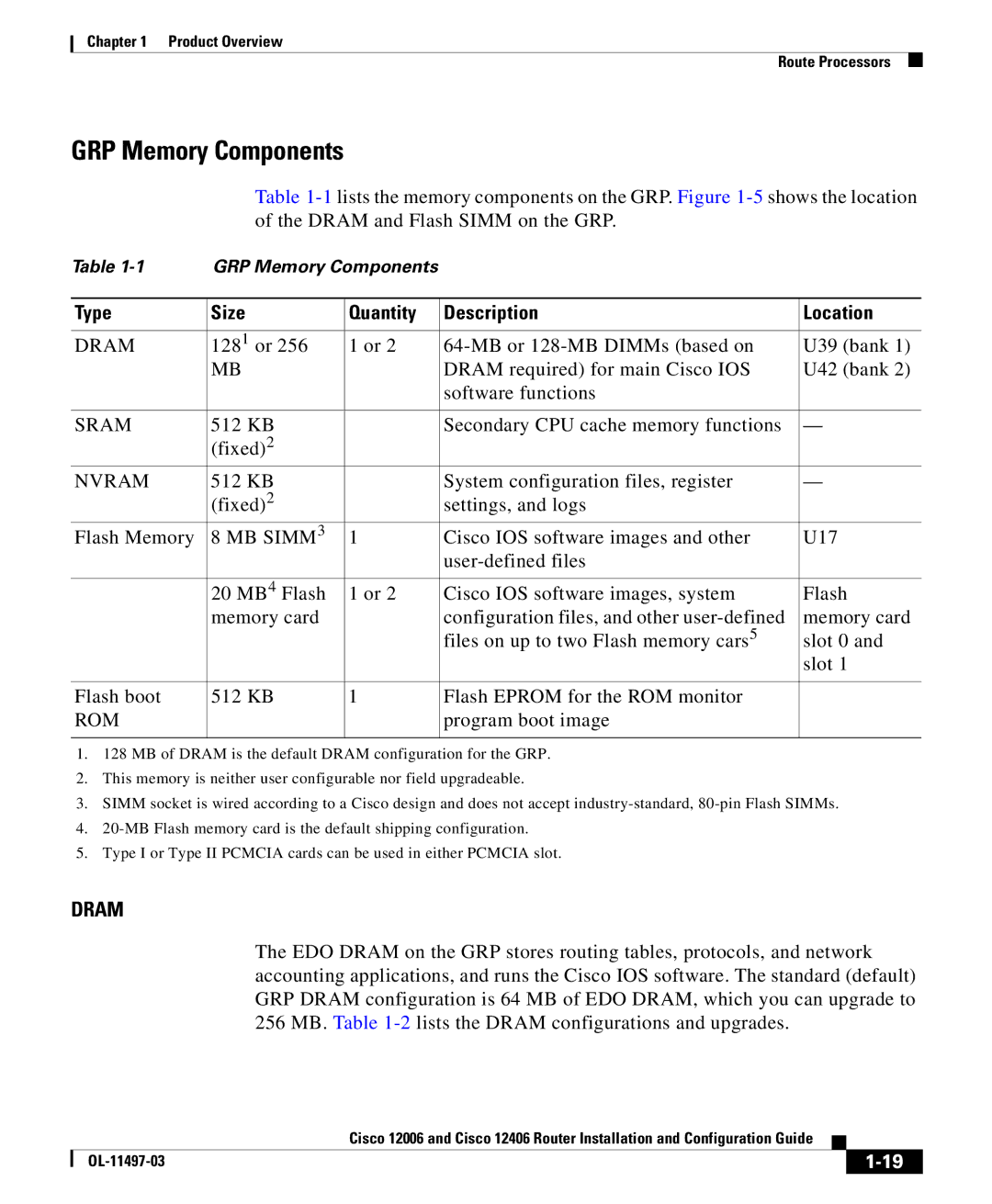 Cisco Systems 12006 series, 12406 series manual GRP Memory Components, Type Size Quantity Description Location 