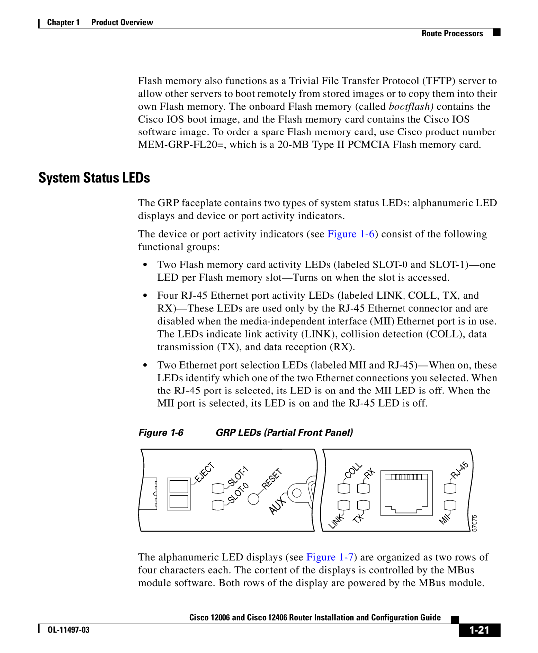 Cisco Systems 12006 series, 12406 series manual System Status LEDs, Reset AUX Coll RX Link MII 