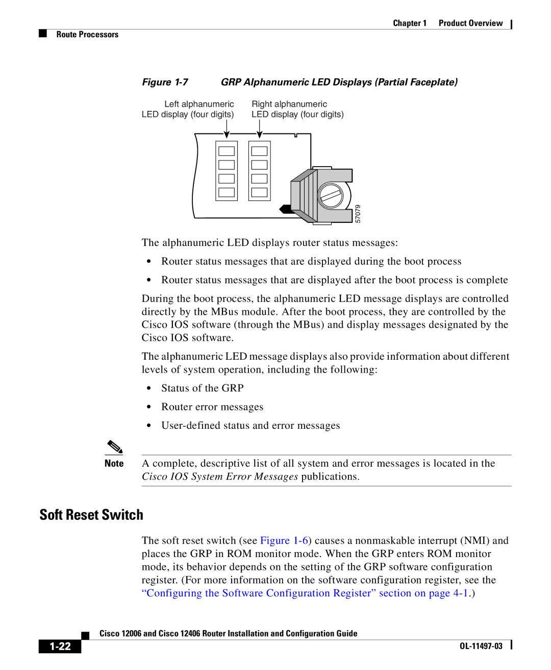 Cisco Systems 12406 series, 12006 series manual Soft Reset Switch, GRP Alphanumeric LED Displays Partial Faceplate 