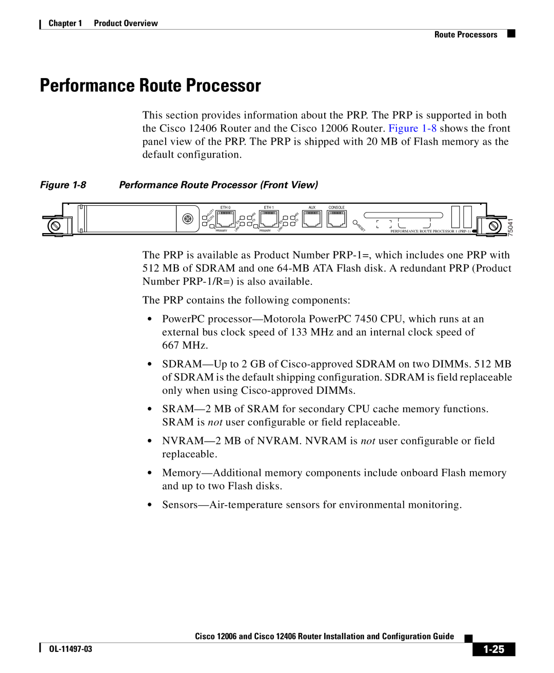 Cisco Systems 12006 series, 12406 series manual Performance Route Processor Front View 