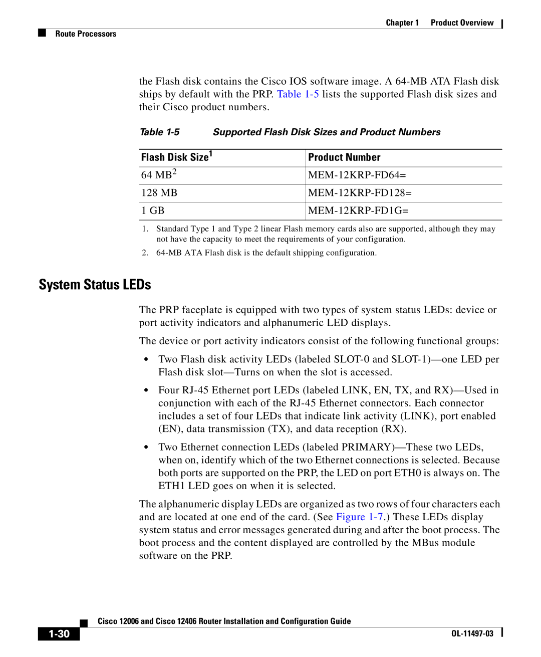 Cisco Systems 12406 series, 12006 series manual Flash Disk Size Product Number 