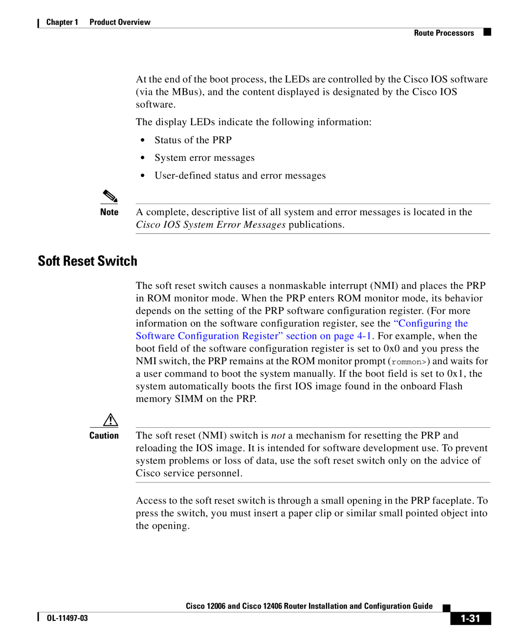 Cisco Systems 12006 series, 12406 series manual Soft Reset Switch 