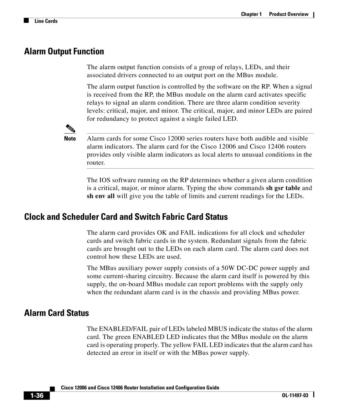 Cisco Systems 12406 series, 12006 series Alarm Output Function, Clock and Scheduler Card and Switch Fabric Card Status 