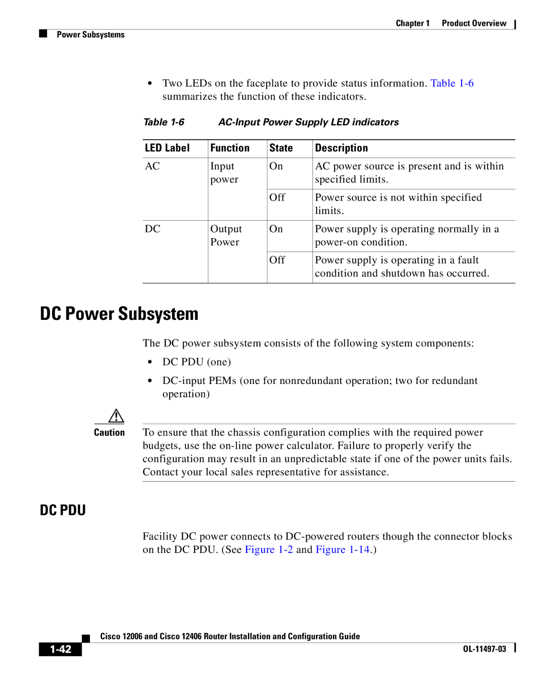 Cisco Systems 12406 series, 12006 series manual DC Power Subsystem, LED Label Function State Description 