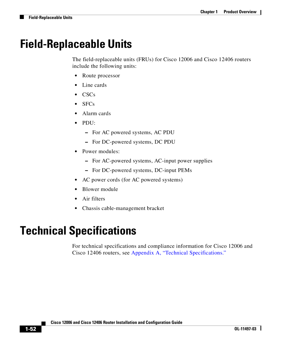 Cisco Systems 12406 series, 12006 series manual Field-Replaceable Units, Technical Specifications 