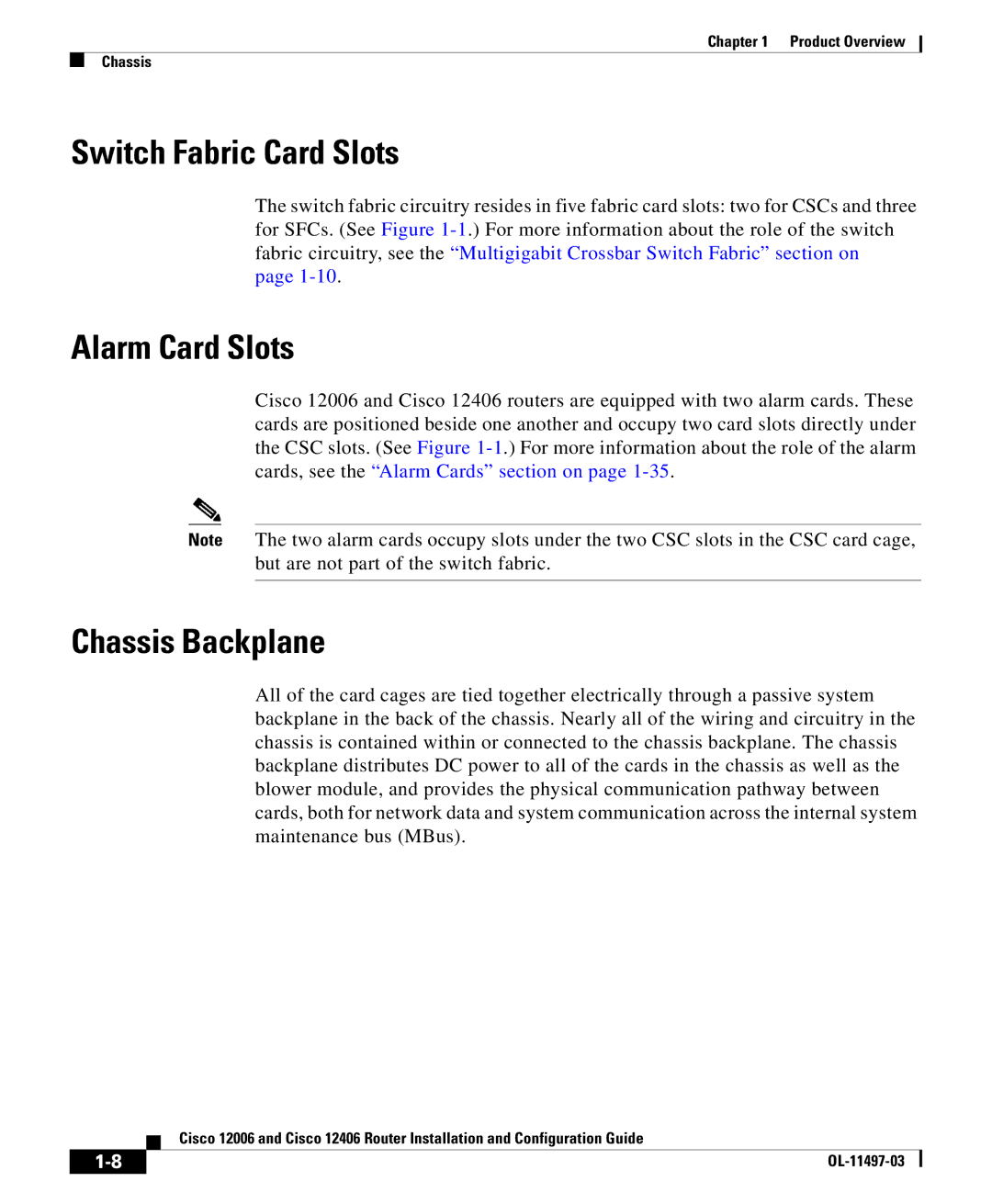 Cisco Systems 12406 series, 12006 series manual Switch Fabric Card Slots, Alarm Card Slots, Chassis Backplane 