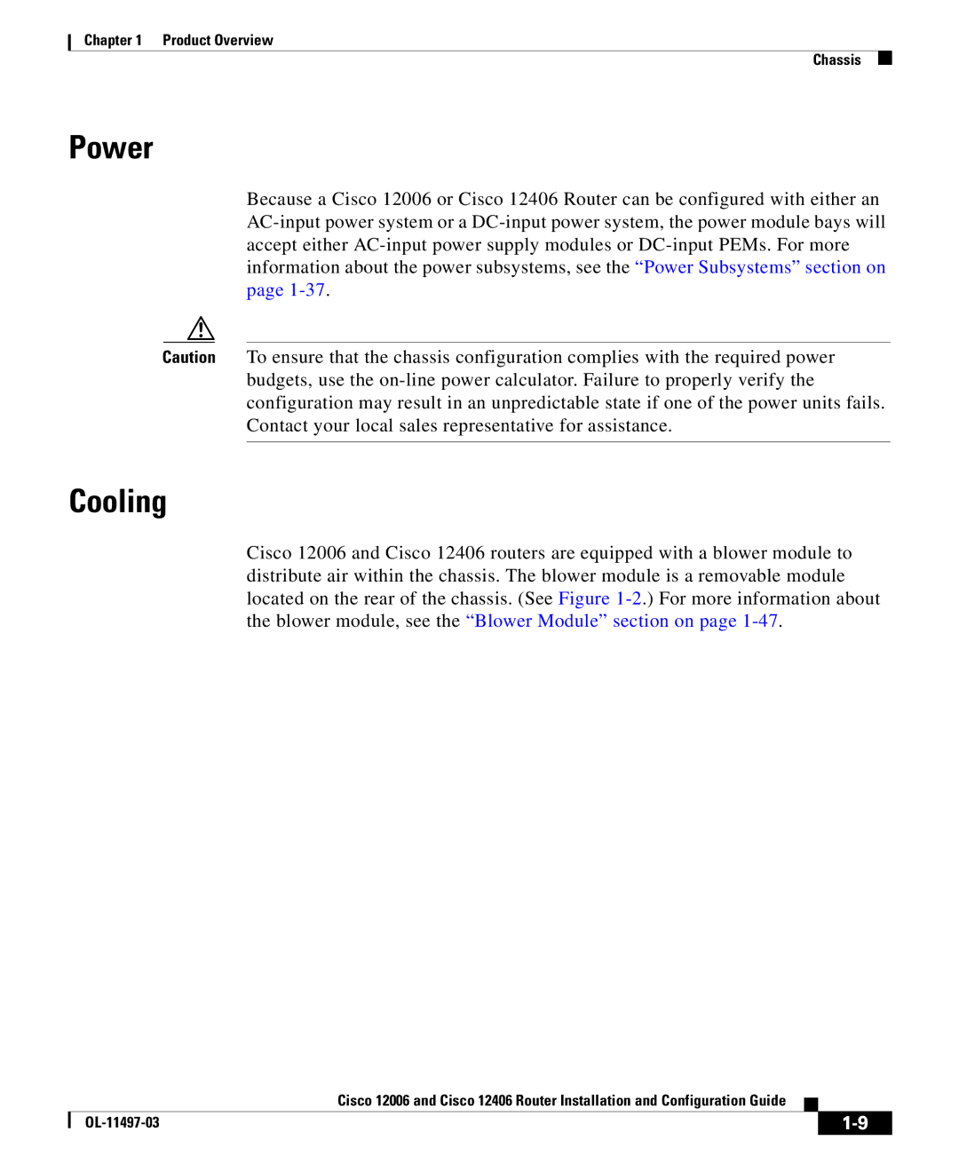 Cisco Systems 12006 series, 12406 series manual Power, Cooling 