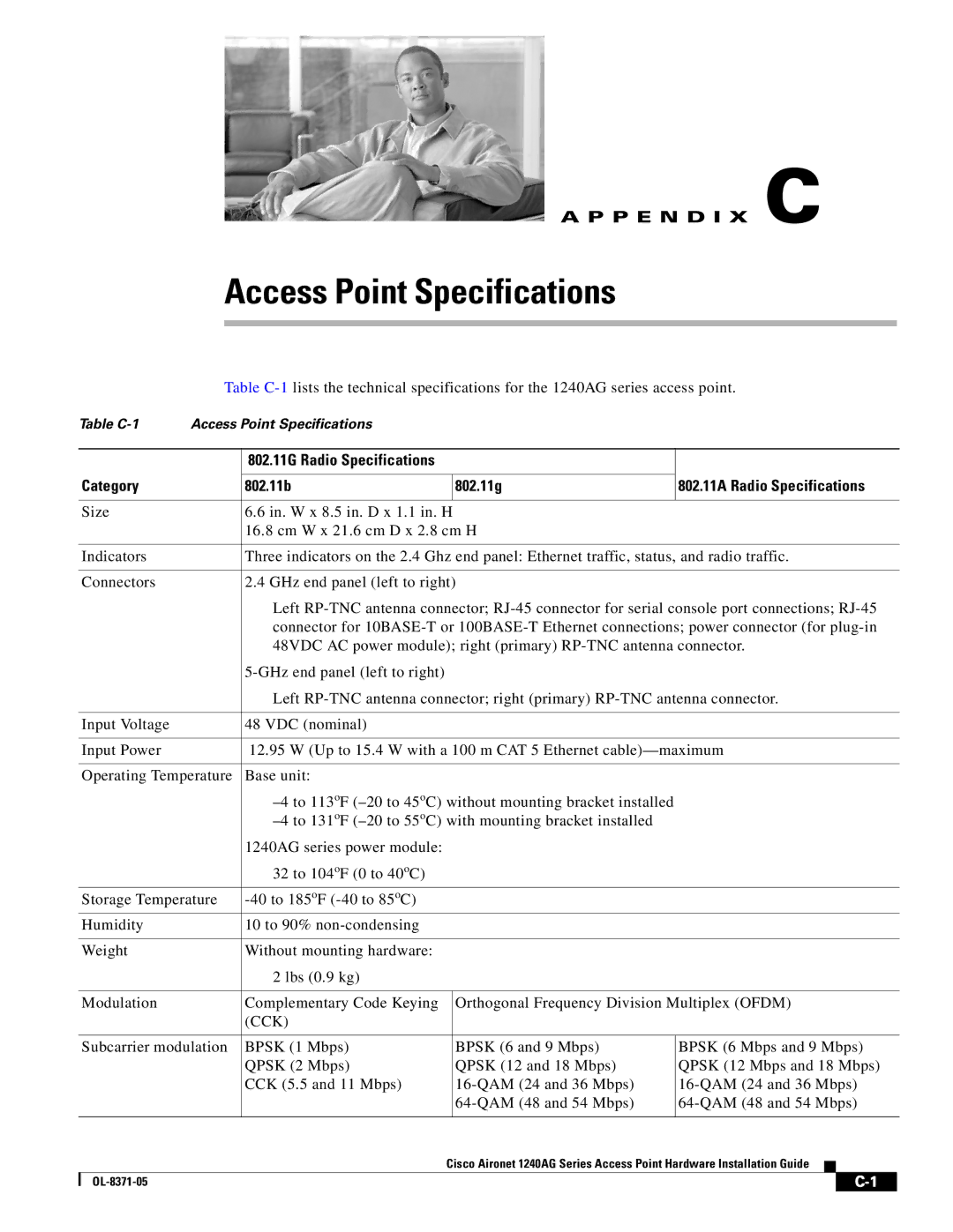 Cisco Systems 1240AG manual Access Point Specifications, Category 802.11b 802.11g 802.11A Radio Specifications 