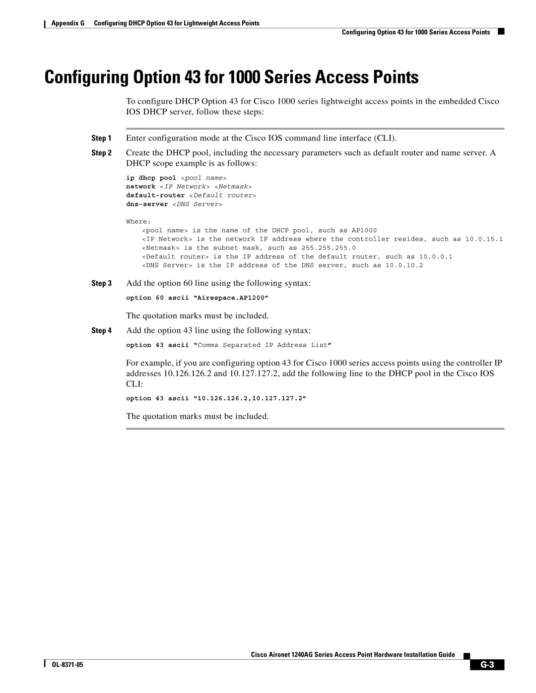 Cisco Systems 1240AG manual Configuring Option 43 for 1000 Series Access Points, Quotation marks must be included 