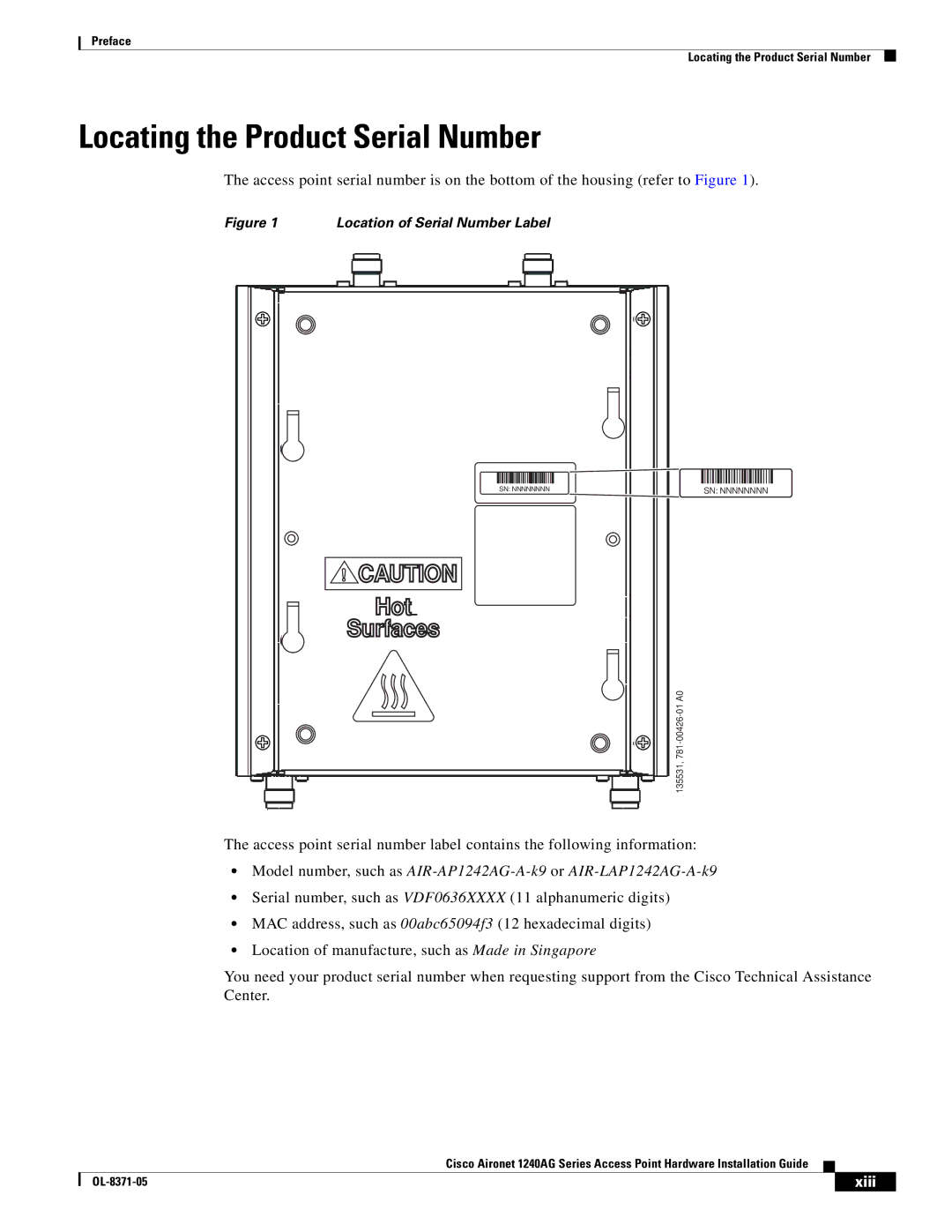 Cisco Systems 1240AG manual Locating the Product Serial Number, Hot Surfaces 