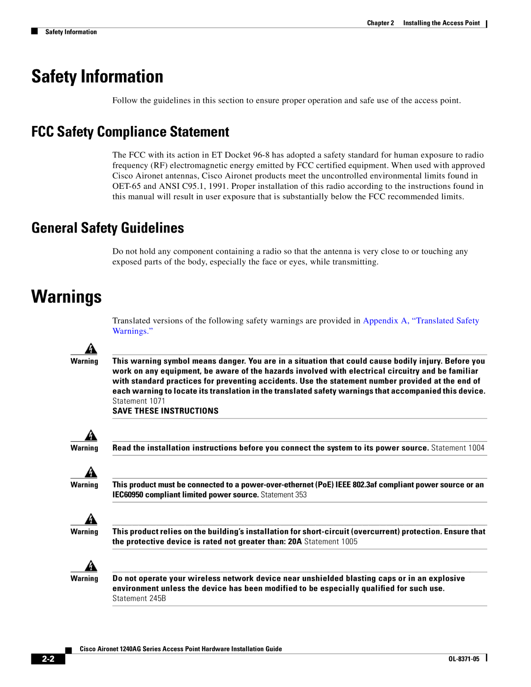 Cisco Systems 1240AG manual Safety Information, FCC Safety Compliance Statement, General Safety Guidelines 