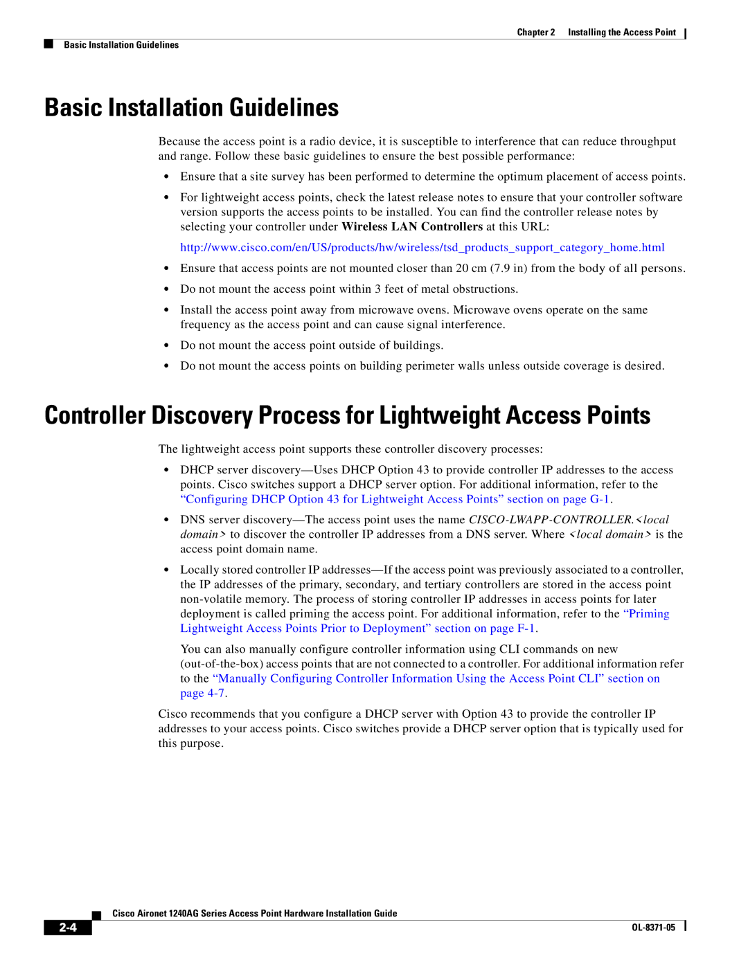 Cisco Systems 1240AG manual Basic Installation Guidelines, Controller Discovery Process for Lightweight Access Points 