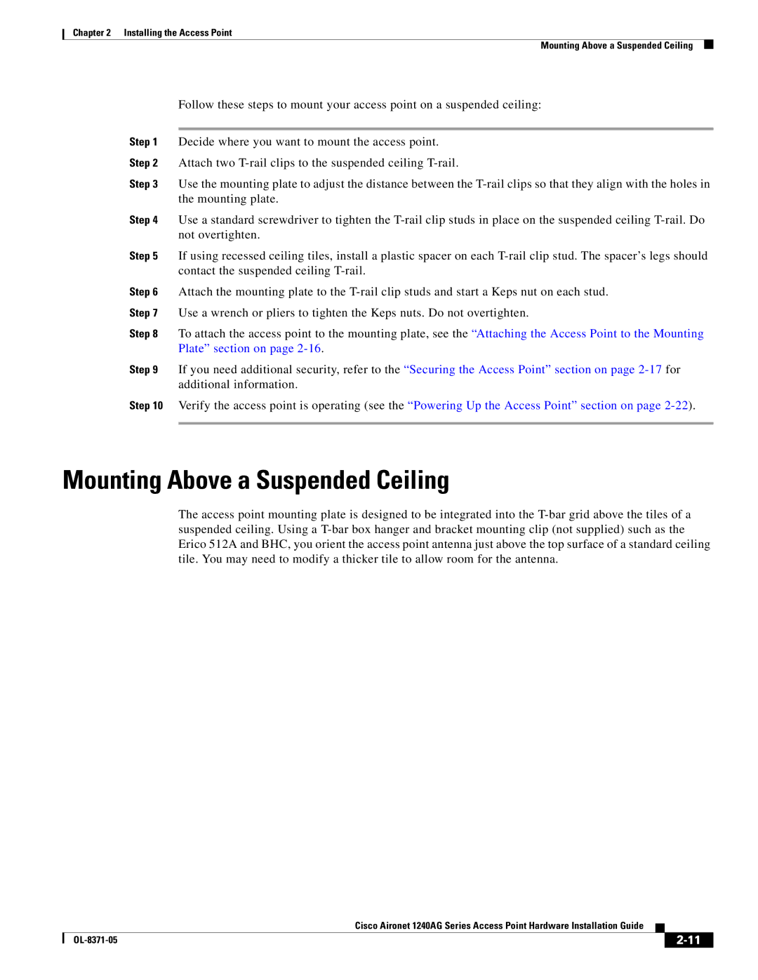 Cisco Systems 1240AG manual Mounting Above a Suspended Ceiling 