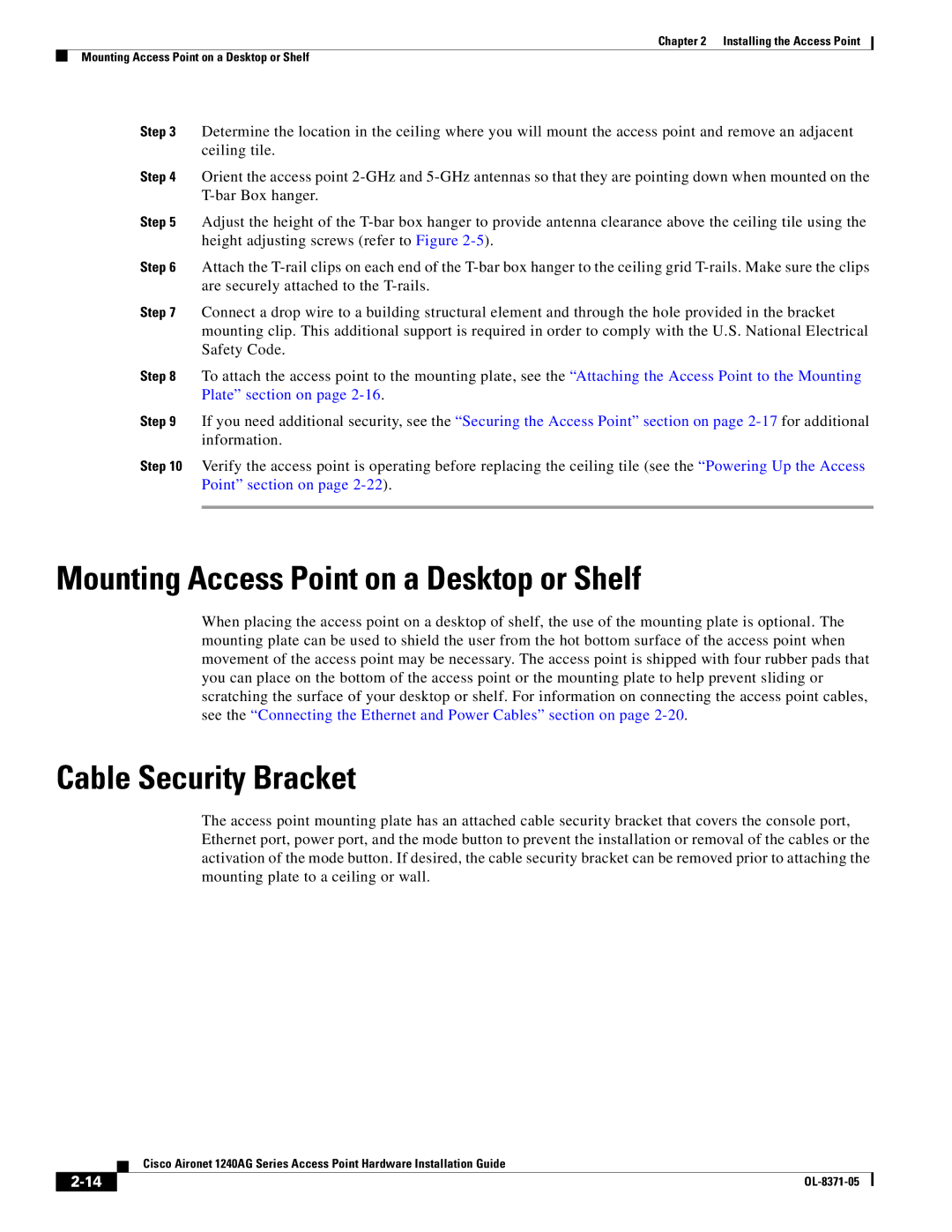 Cisco Systems 1240AG manual Mounting Access Point on a Desktop or Shelf, Cable Security Bracket 