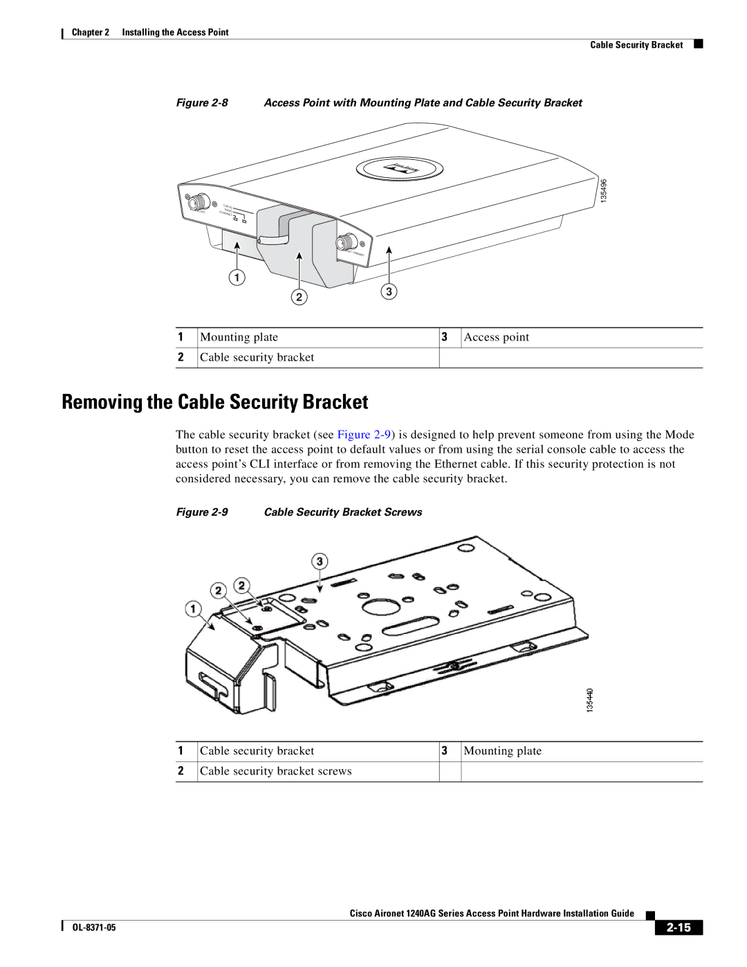 Cisco Systems 1240AG manual Removing the Cable Security Bracket, Cable Security Bracket Screws 