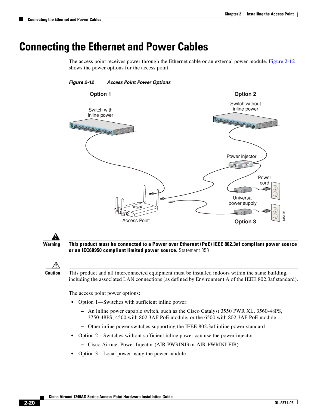 Cisco Systems 1240AG manual Connecting the Ethernet and Power Cables, Option 