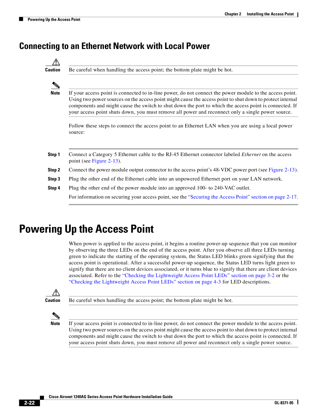 Cisco Systems 1240AG manual Powering Up the Access Point, Connecting to an Ethernet Network with Local Power 